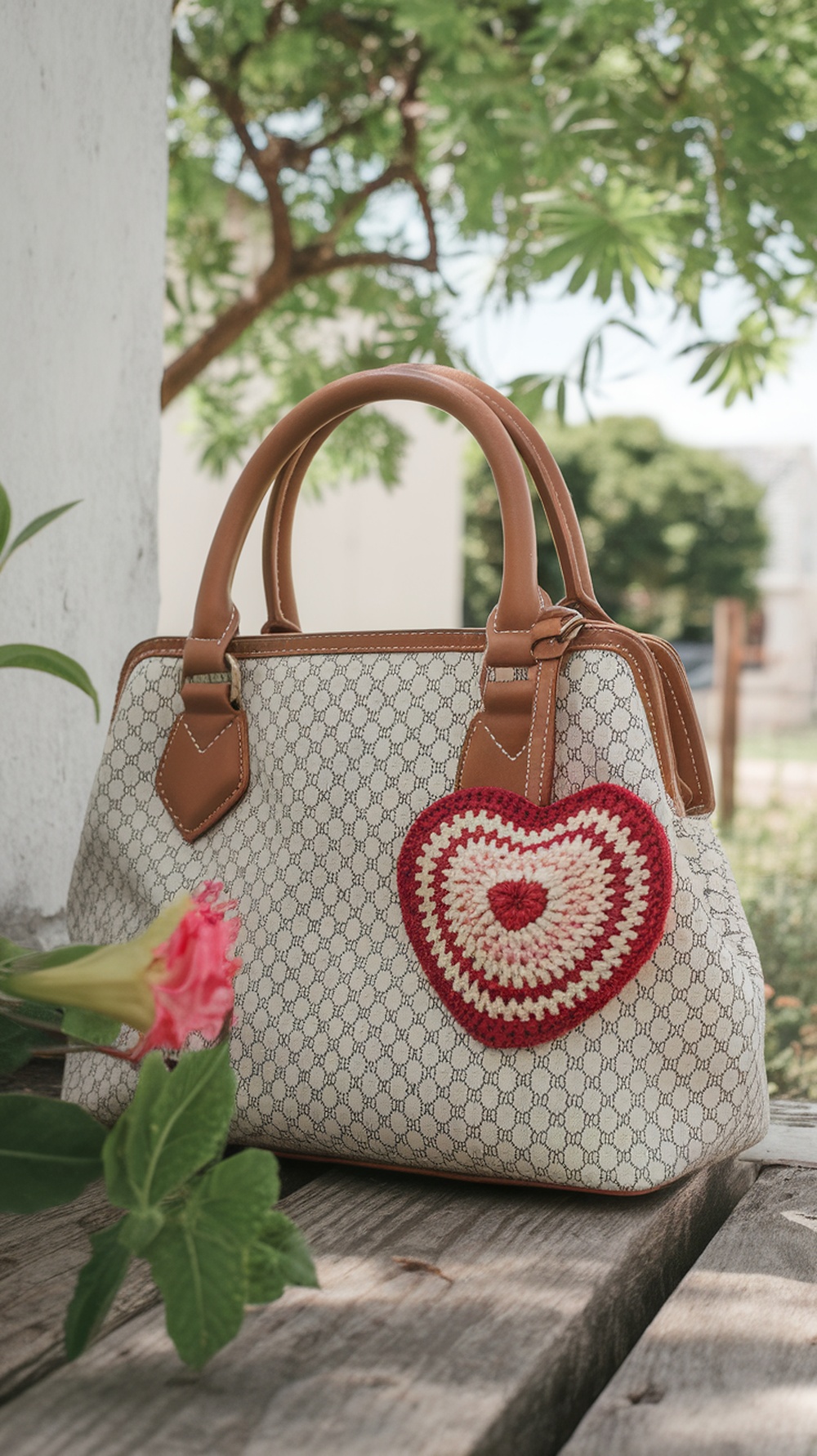 A stylish handbag with a crochet heart charm attached, surrounded by greenery.