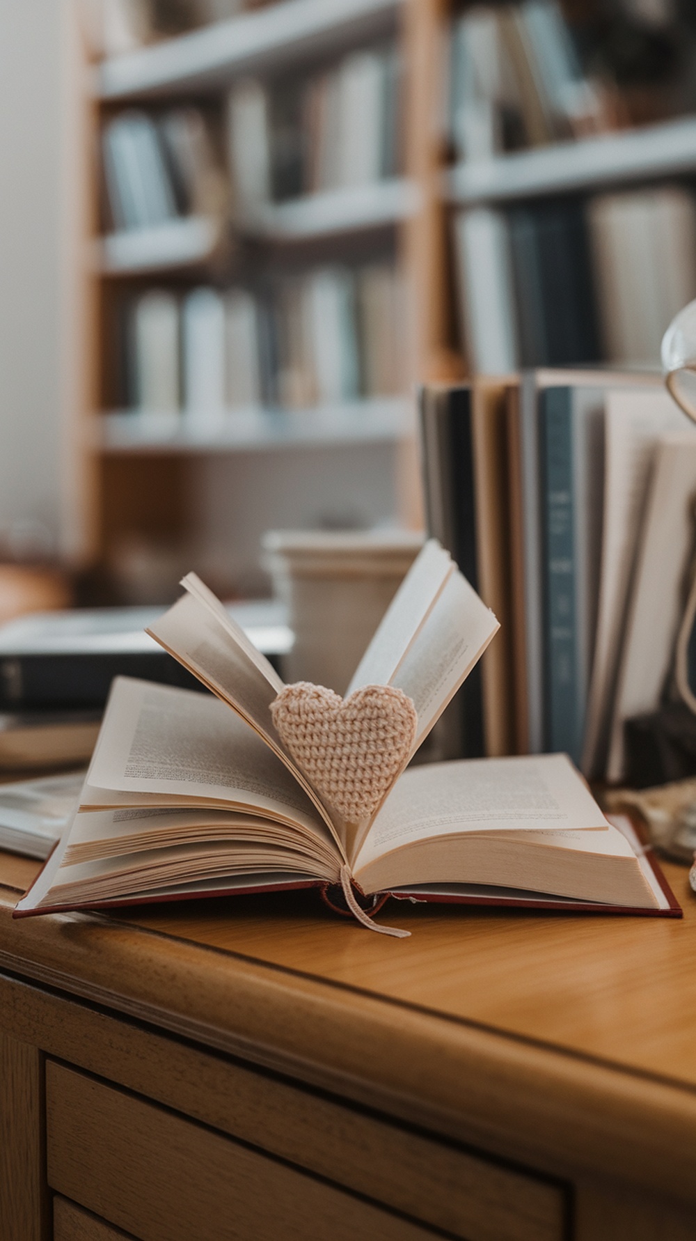 Crochet heart bookmark placed in an open book on a wooden table