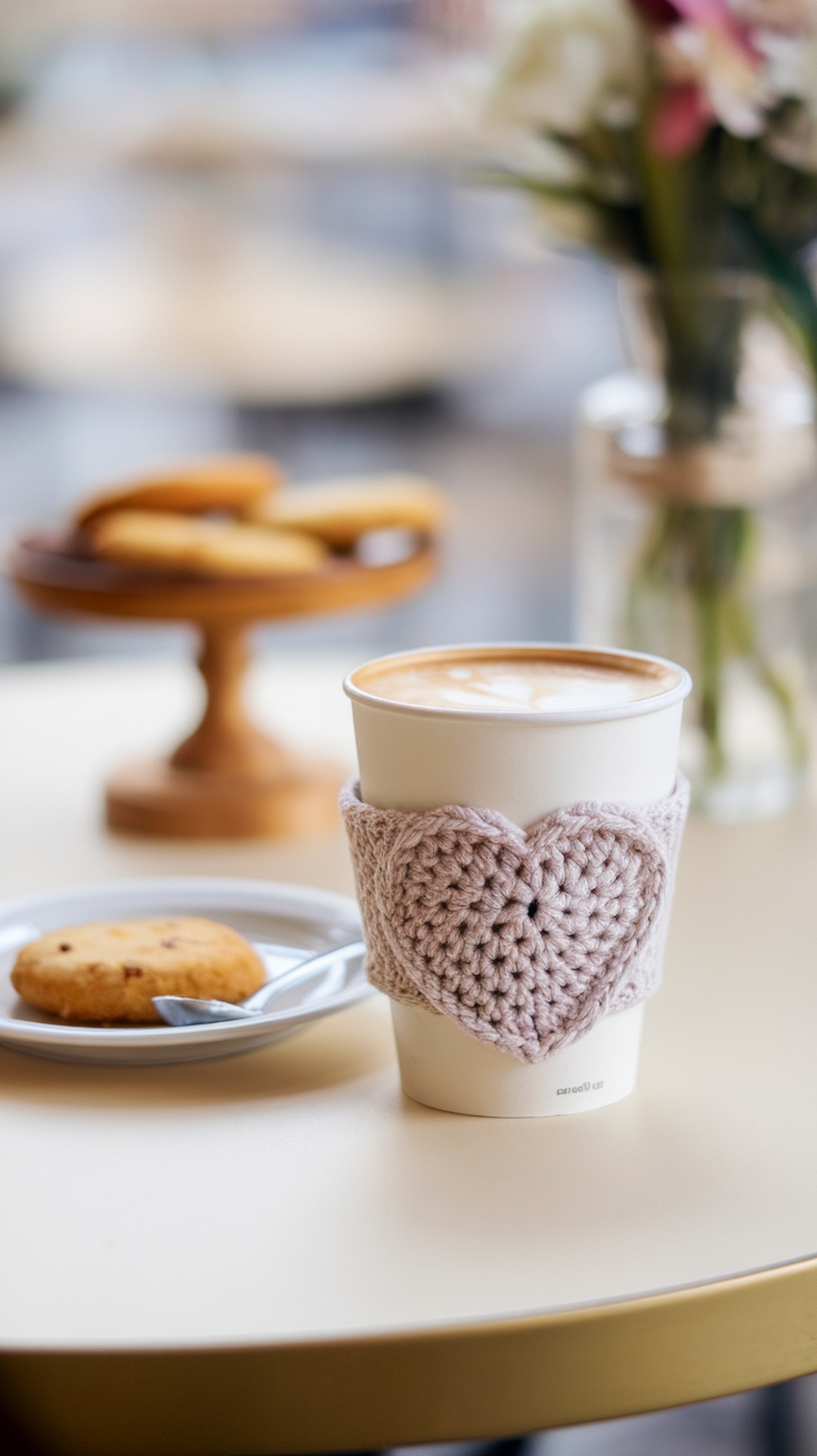 A crochet heart cup sleeve on a coffee cup with a cookie on a plate beside it.