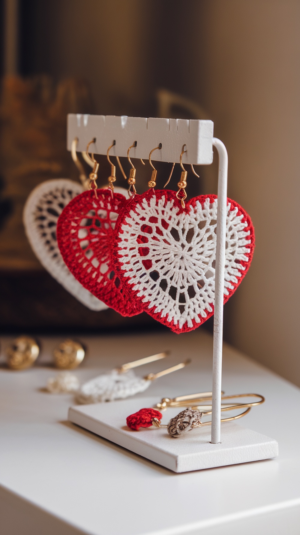 A display of crochet heart earrings in red and white, hanging on a stand.