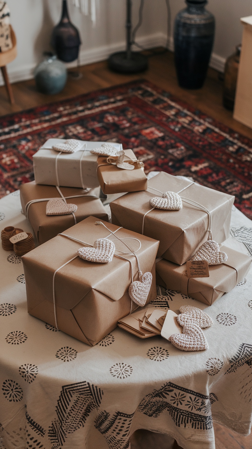 A table with wrapped gifts featuring crochet heart gift tags.