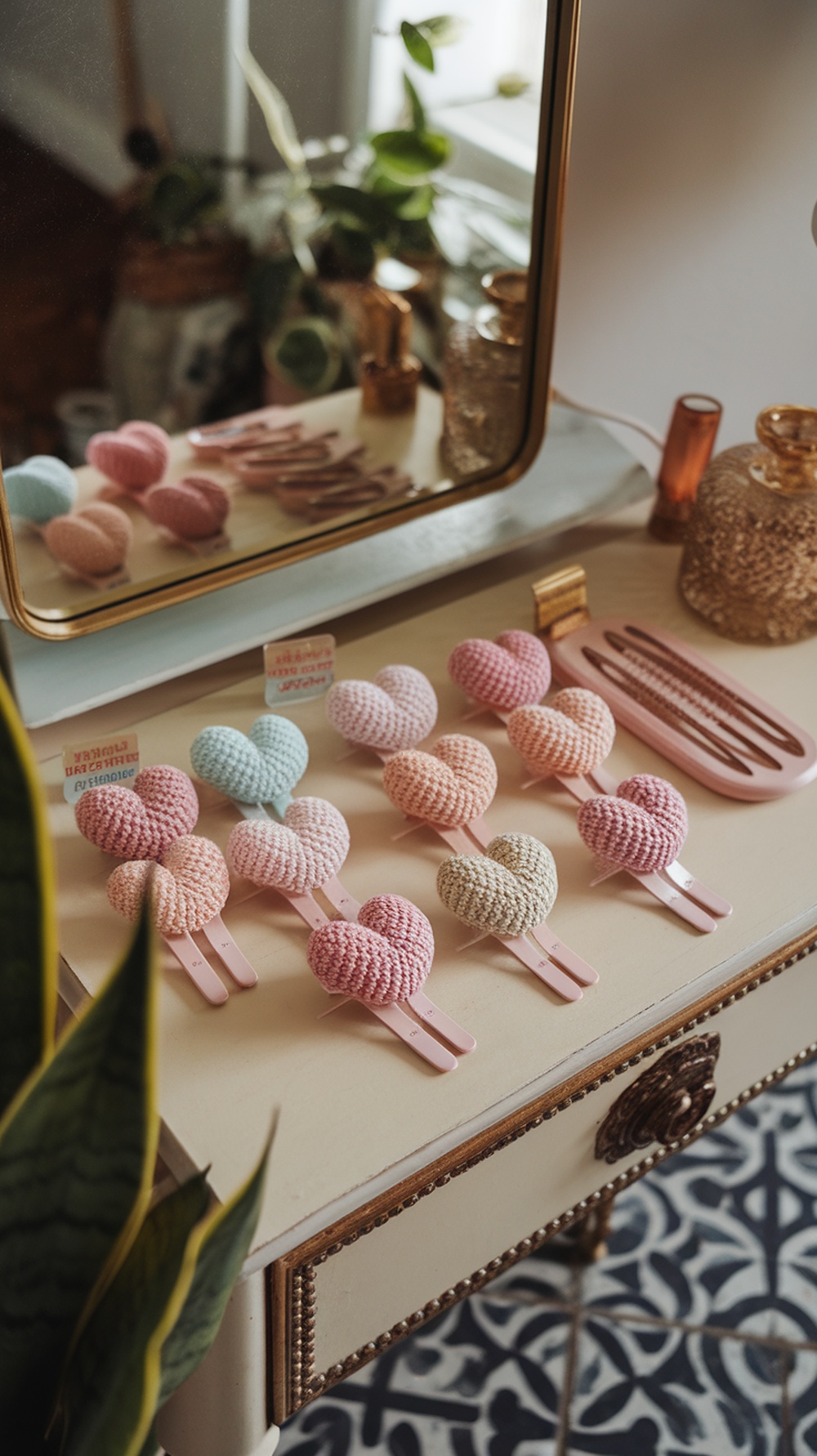 Colorful crochet heart hair clips displayed on a table