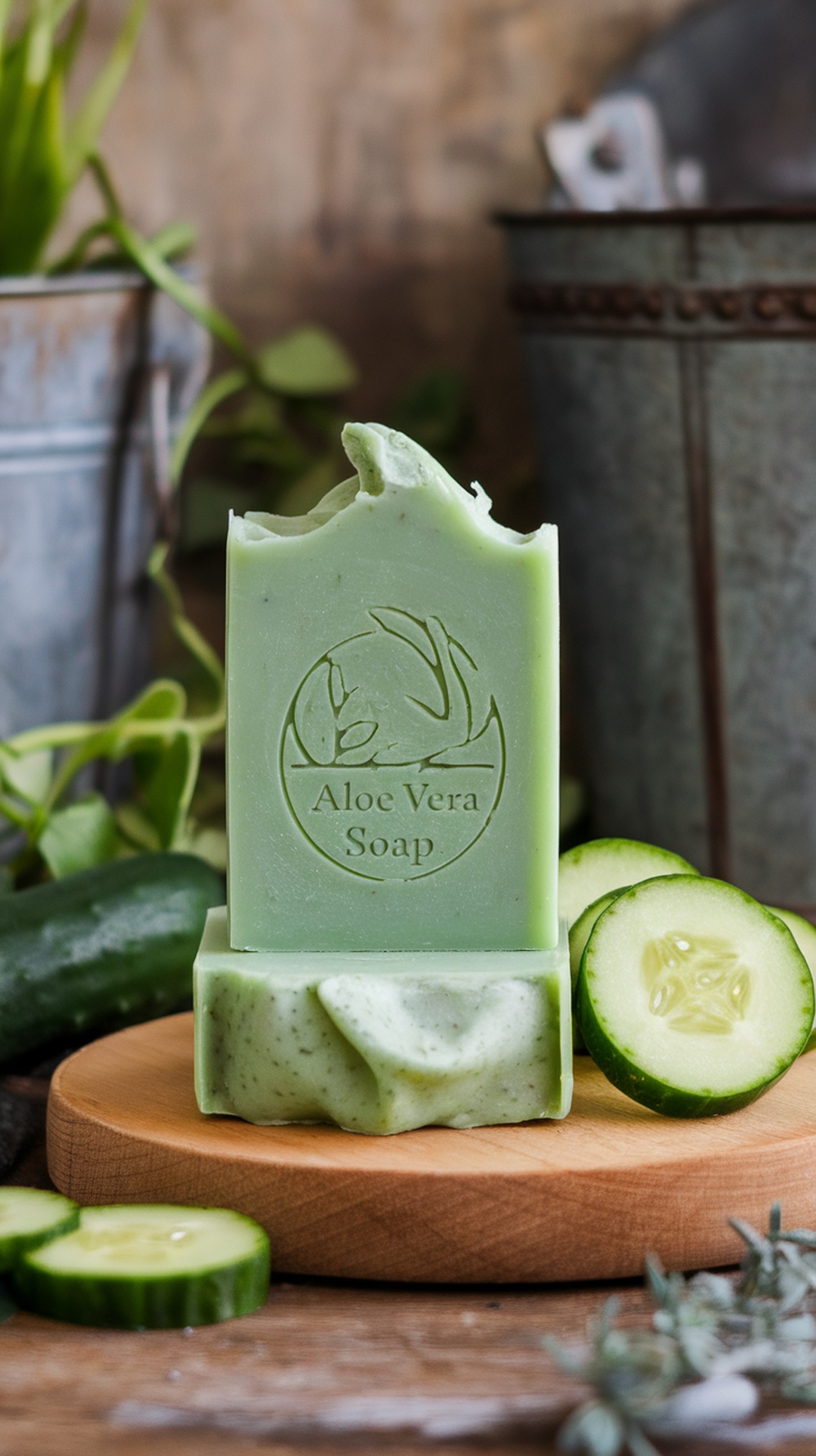 Aloe vera and cucumber soap on a wooden surface with cucumber slices and aloe vera leaves.