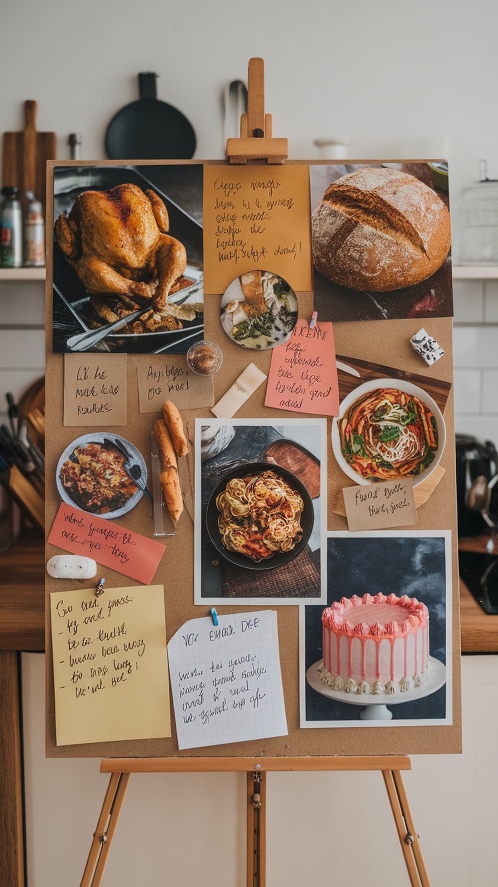A vision board featuring various food images and handwritten notes about recipes and cooking tips.