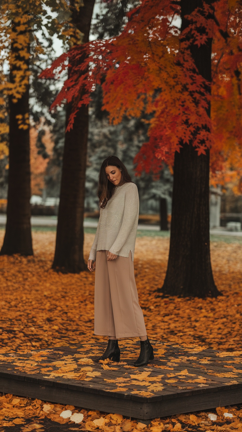 A woman wearing a lightweight sweater and culottes stands on a wooden platform surrounded by autumn leaves.