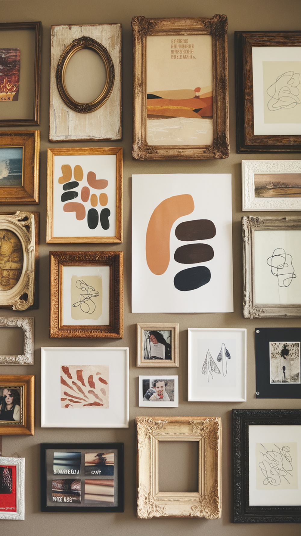 A curated gallery wall featuring various framed artworks and photographs in different styles.
