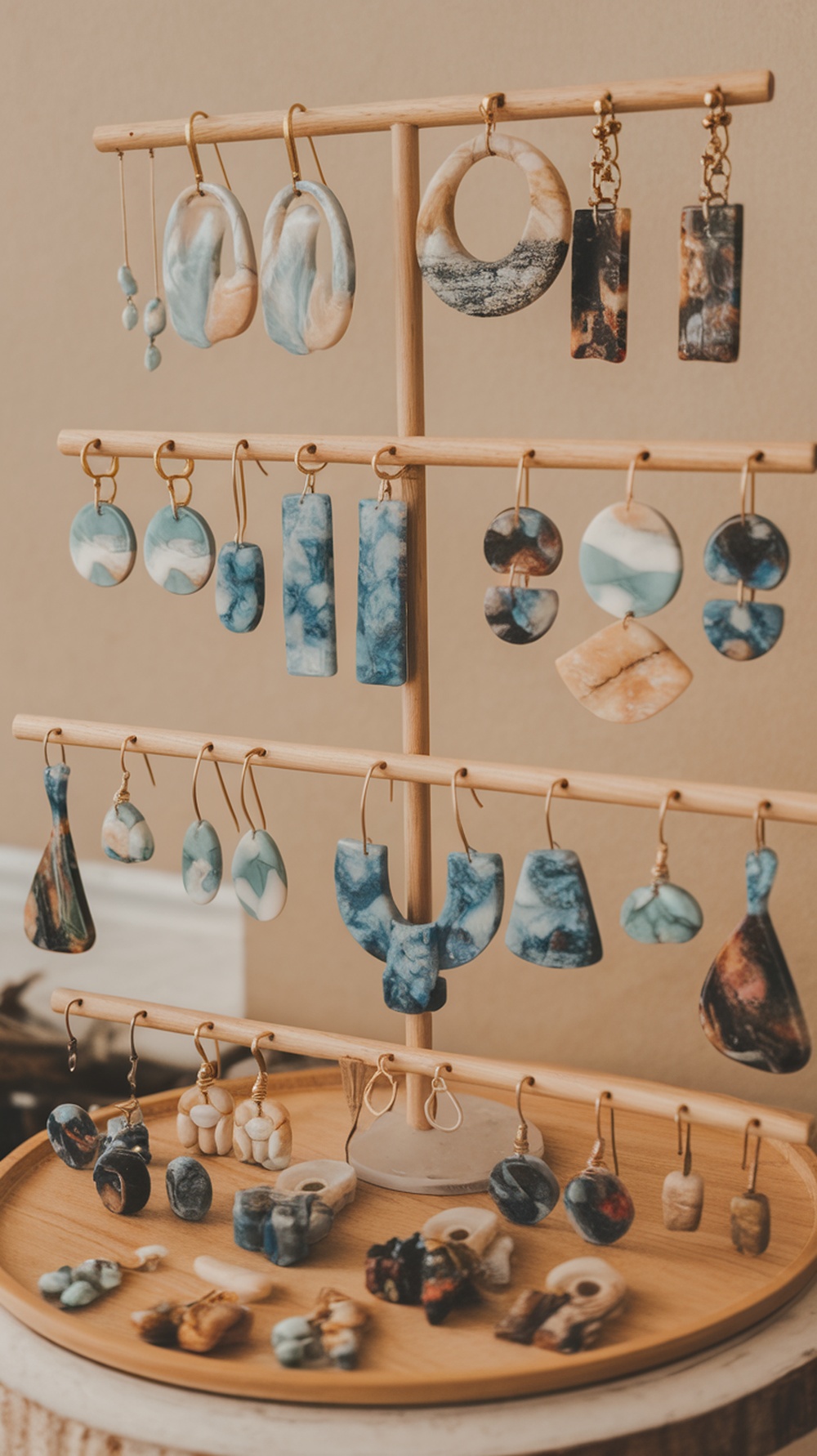A display of colorful resin jewelry including earrings and pendants in various shapes and designs.