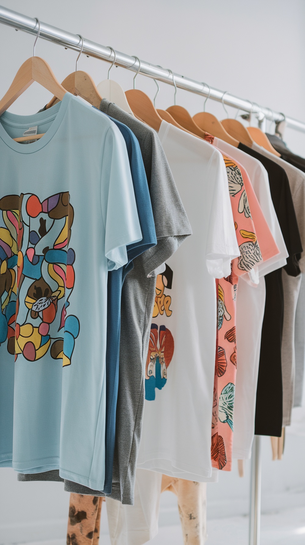 A variety of custom t-shirts with unique designs hanging on a rack.