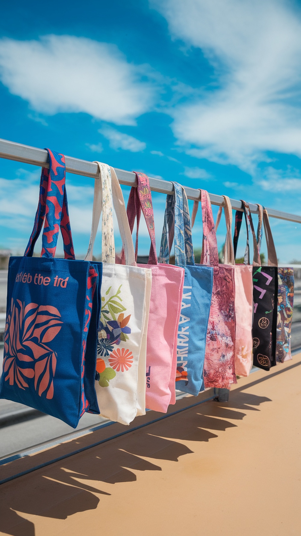 A collection of colorful custom tote bags hanging on a railing with a blue sky in the background.