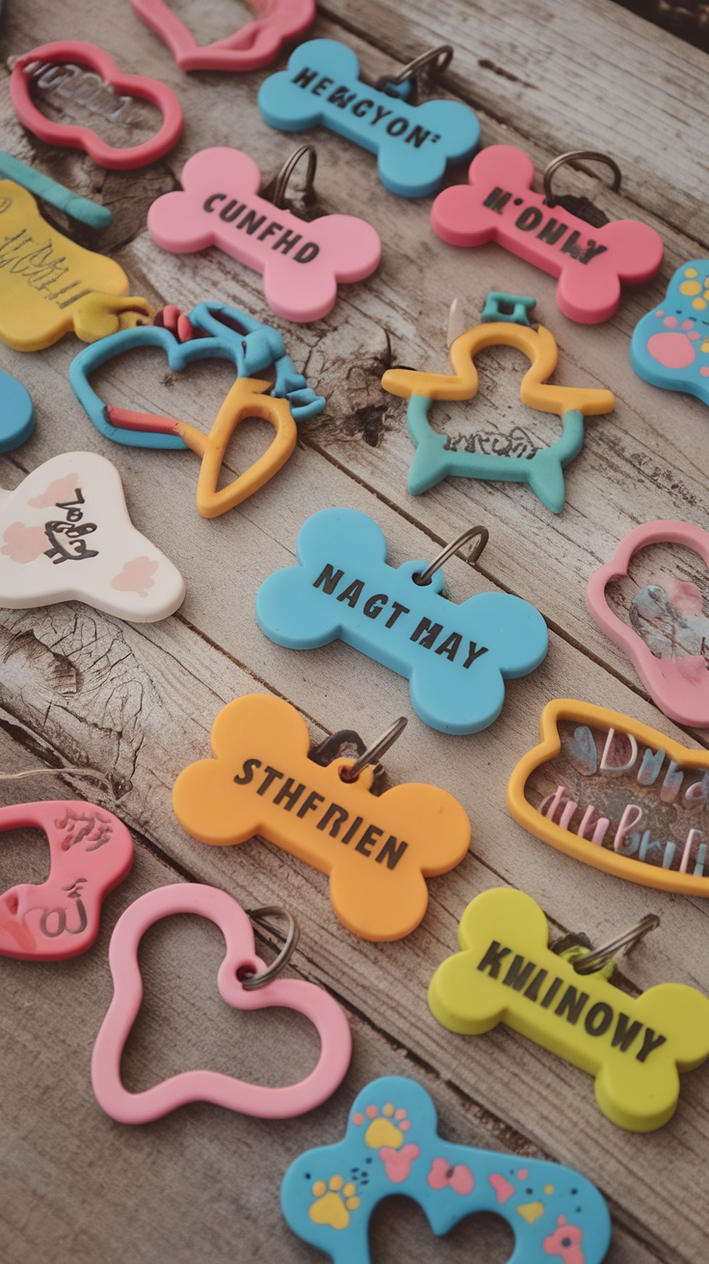 Colorful customized resin pet tags in various shapes and designs on a wooden surface.