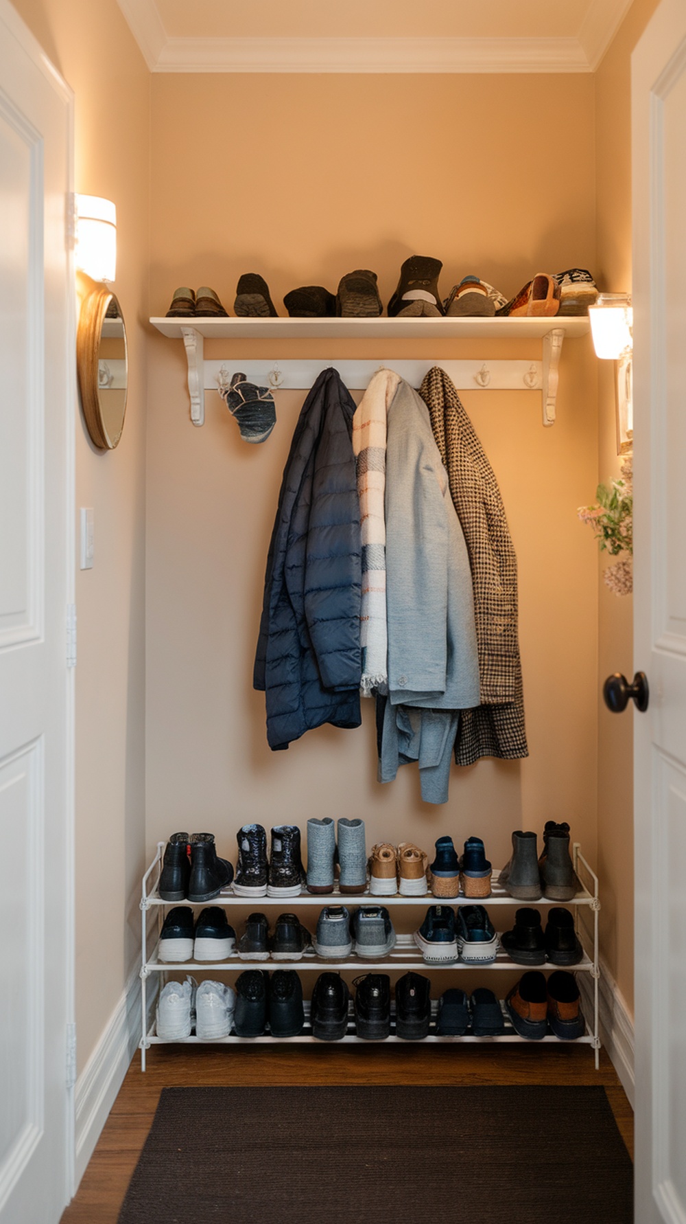 A tidy entryway with a shoe rack and coat hooks
