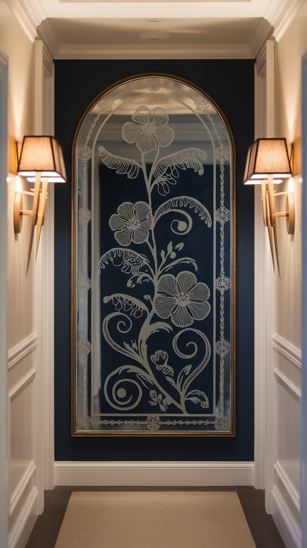Decorative mirror with etched floral designs in a hallway