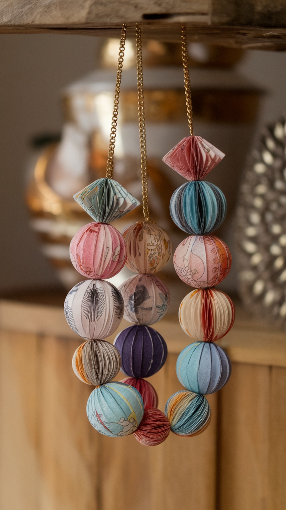 Colorful decorative paper beads hanging on a string