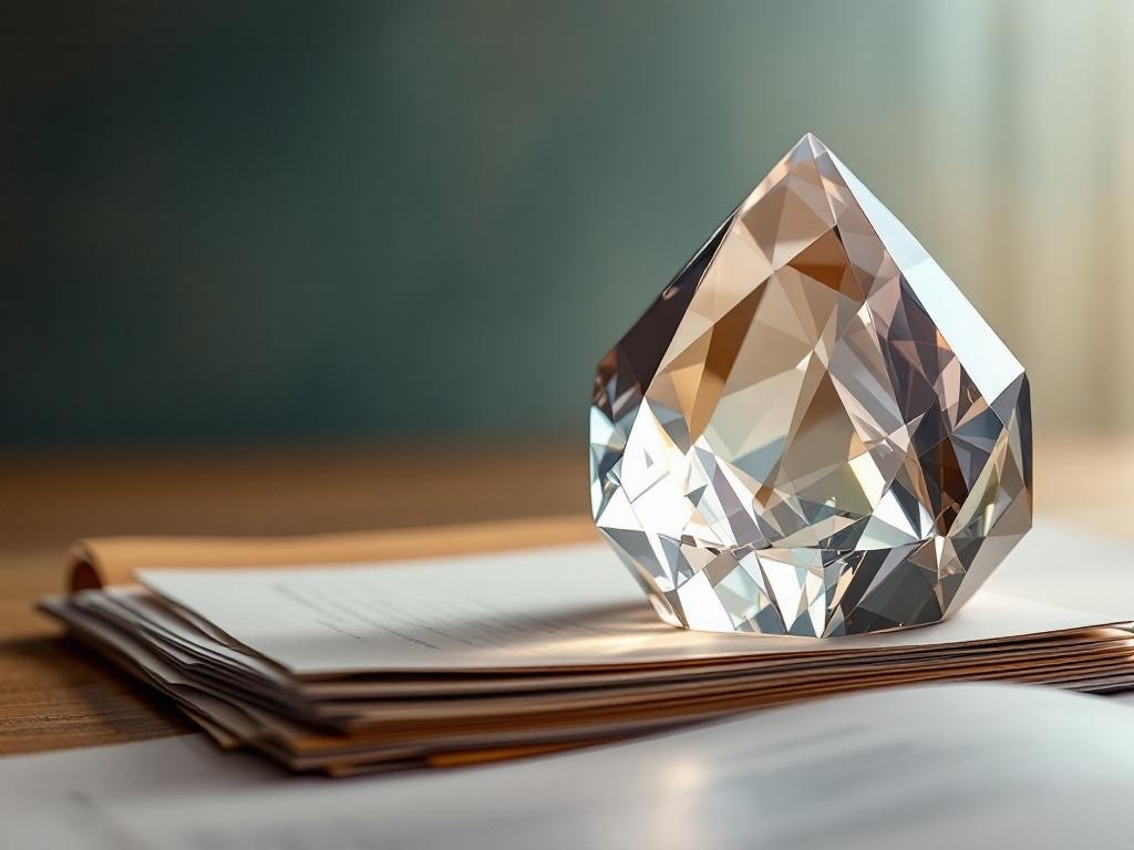 A crystal decorative paperweight on a stack of papers.