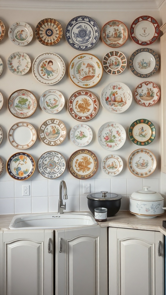 A wall adorned with various decorative plates in a Victorian kitchen setting.