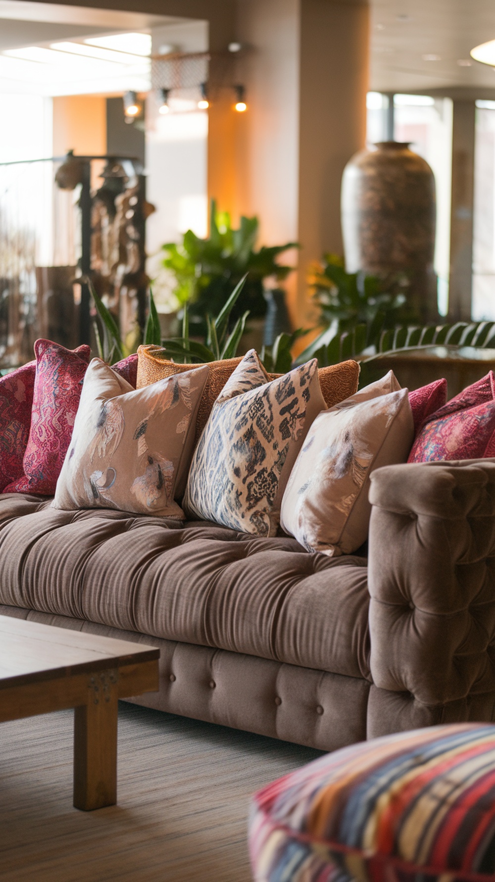 A cozy couch with decorative throw pillows in various colors and patterns.