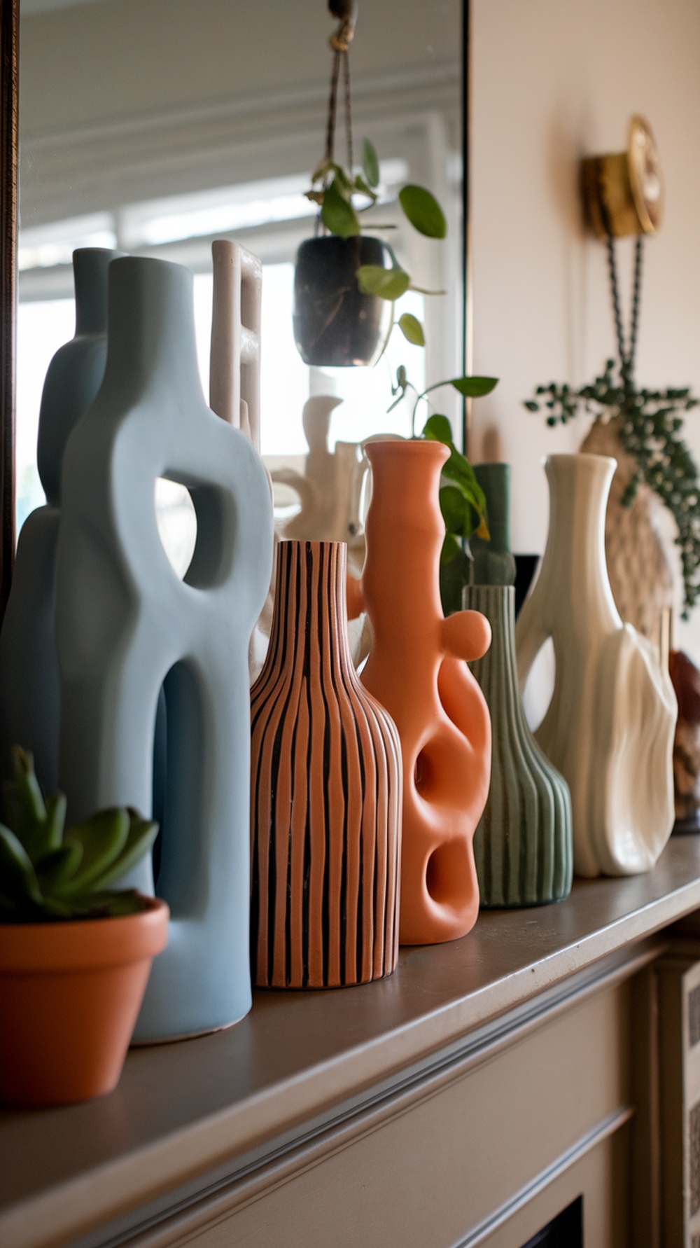 A collection of decorative vases in various bold shapes and colors, displayed on a shelf.