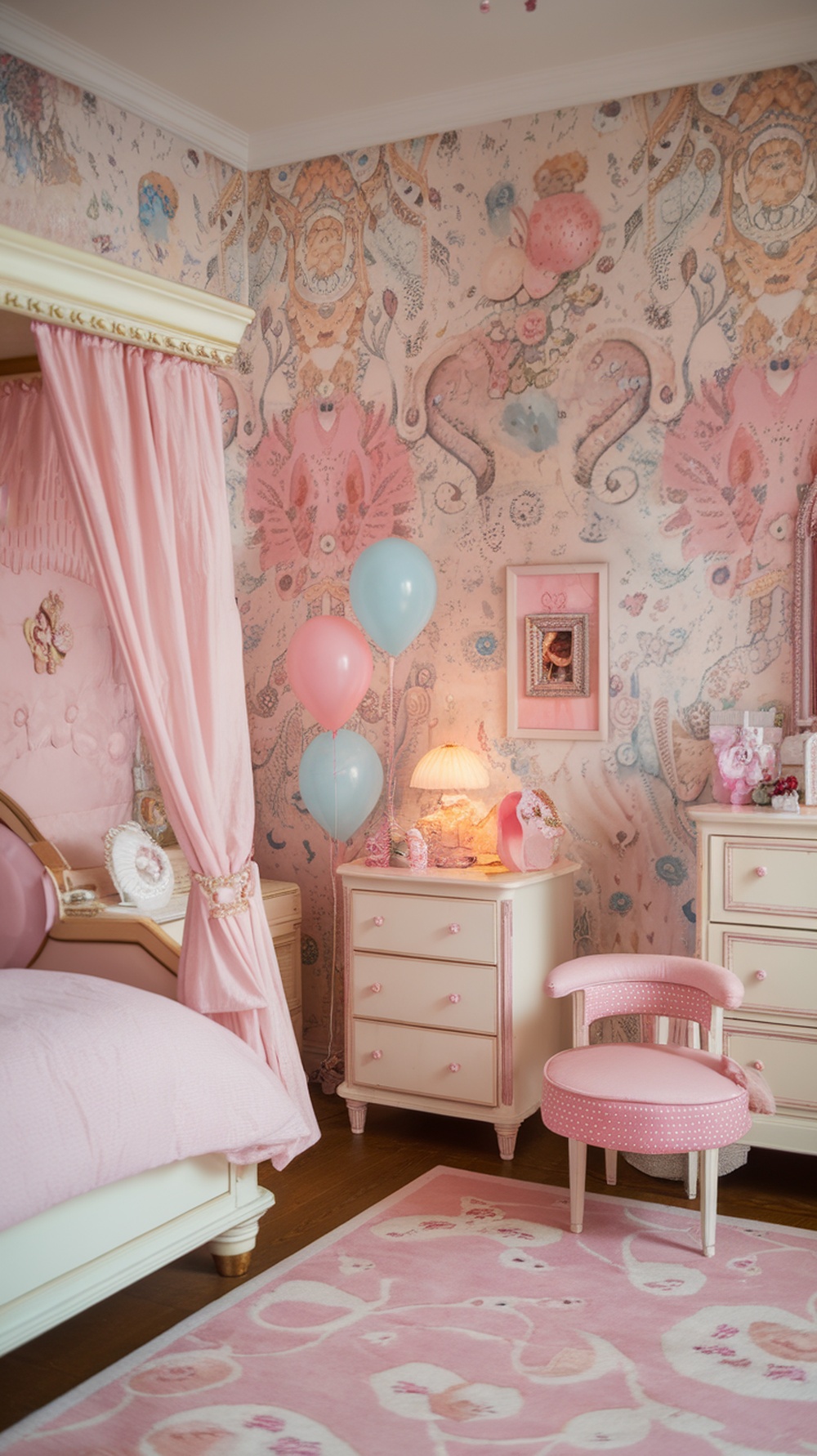 A vintage princess bedroom with delicate floral wallpaper in soft pink tones, featuring a cozy bed, playful decor, and a charming atmosphere.