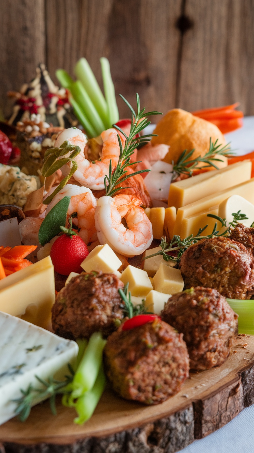 A beautifully arranged platter with shrimp, cheeses, vegetables, and meatballs.