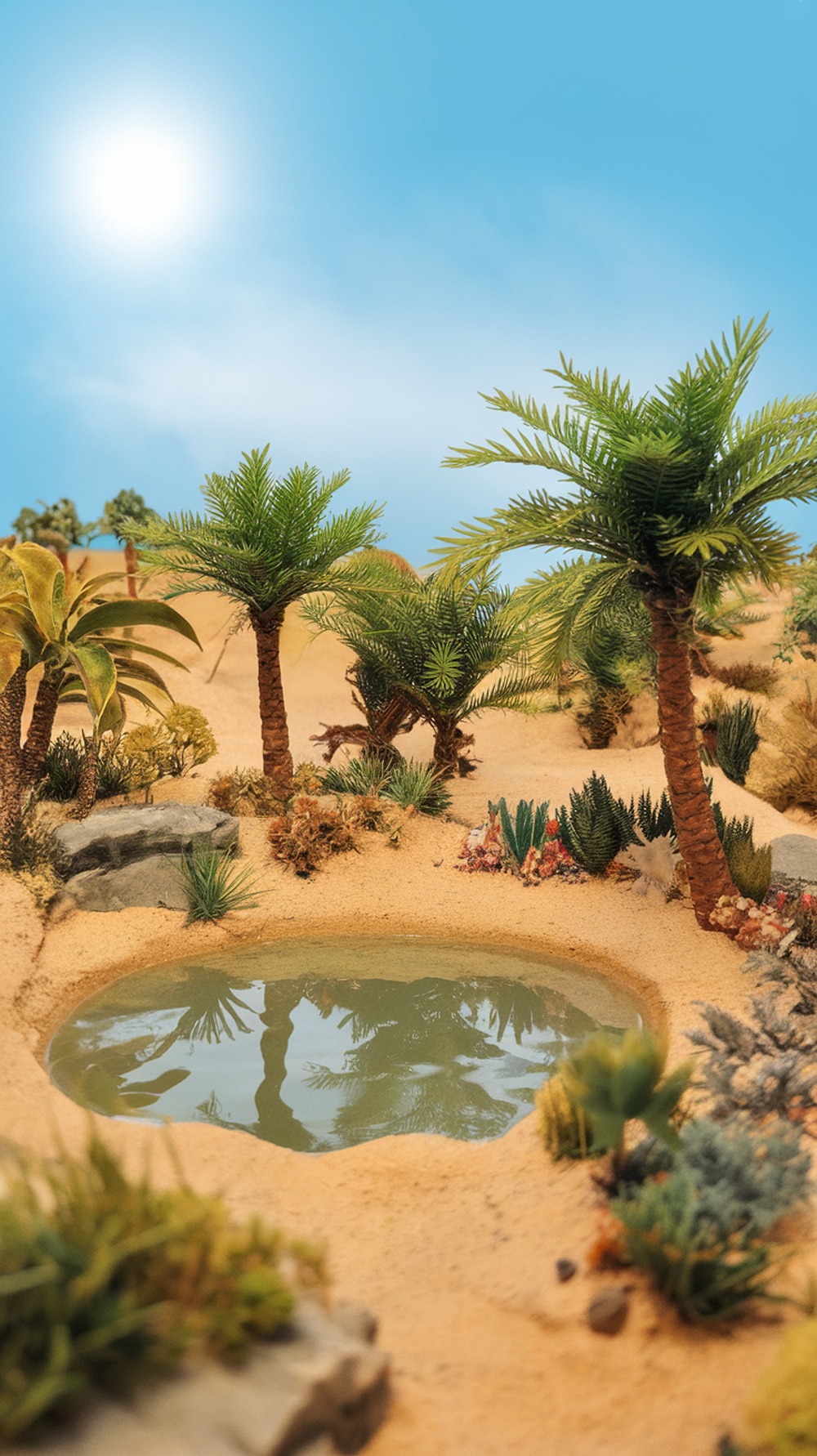 A miniature desert oasis with palm trees and a small water pool