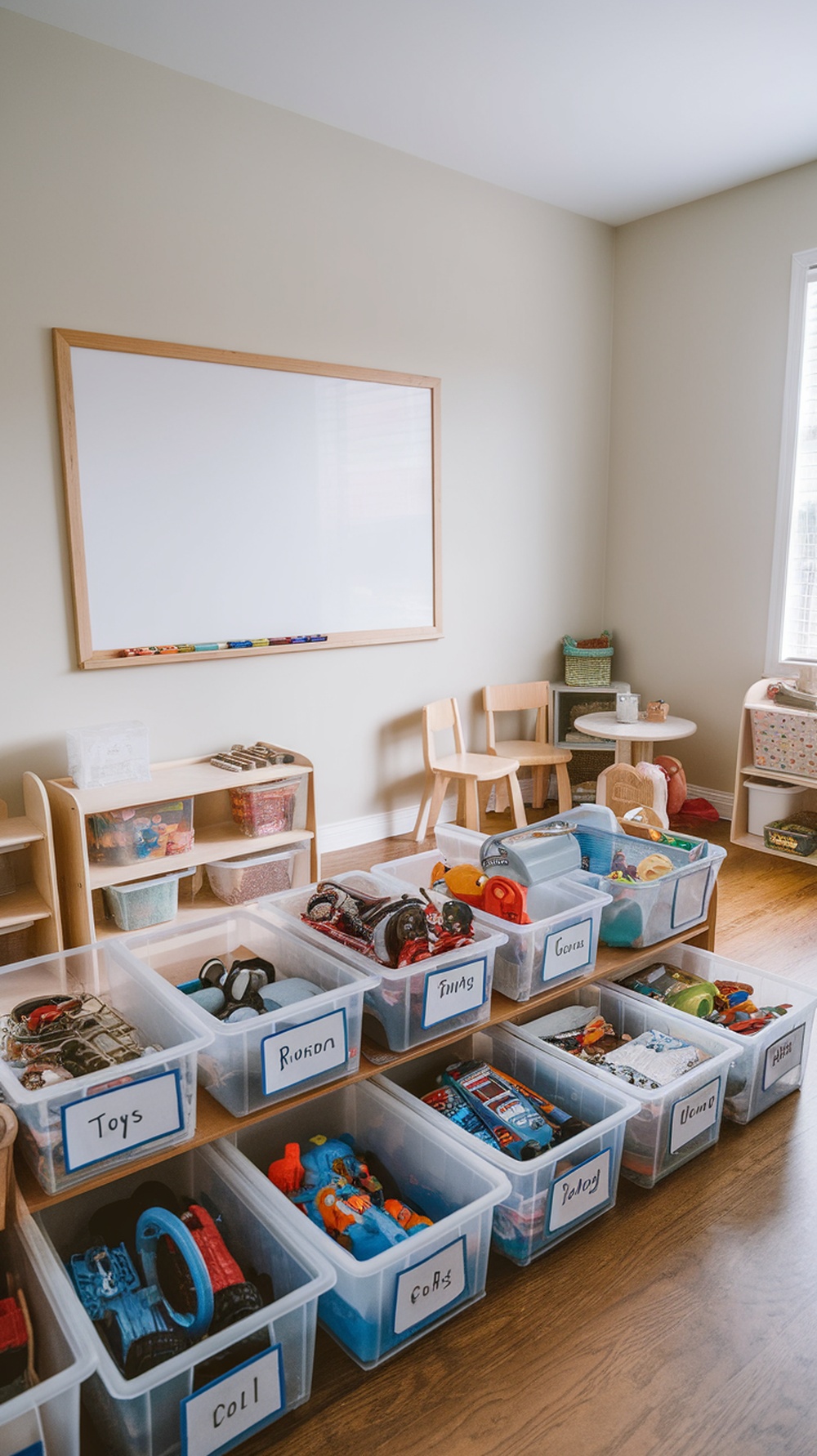 A well-organized playroom with labeled bins for toys, a whiteboard, and a small table and chairs.
