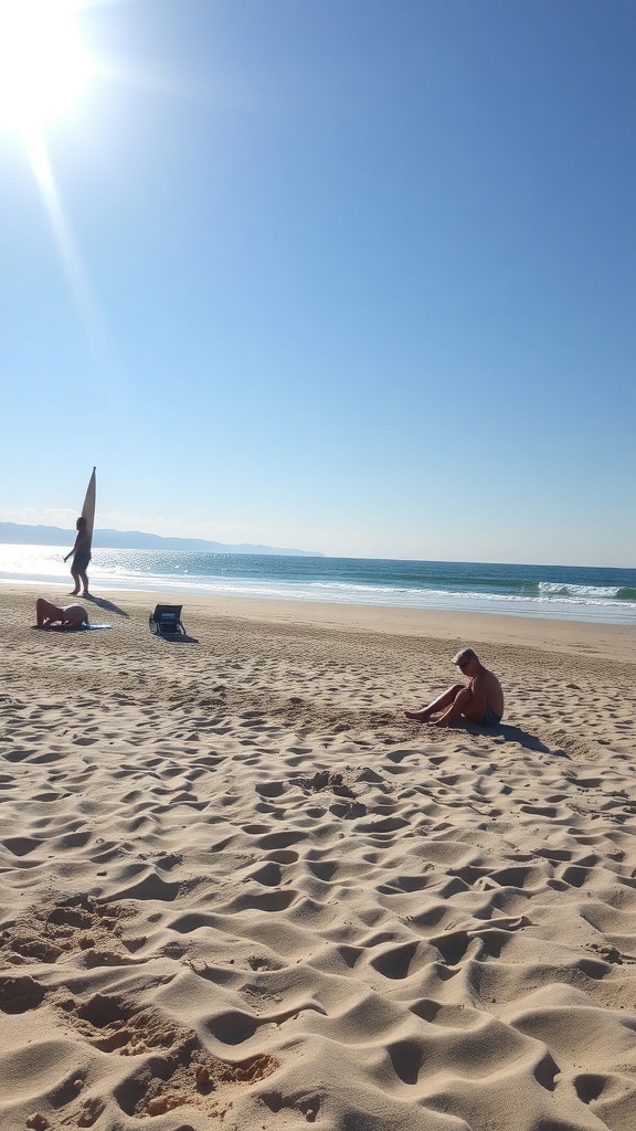A serene beach scene with people enjoying the sun and waves, perfect for a digital detox.
