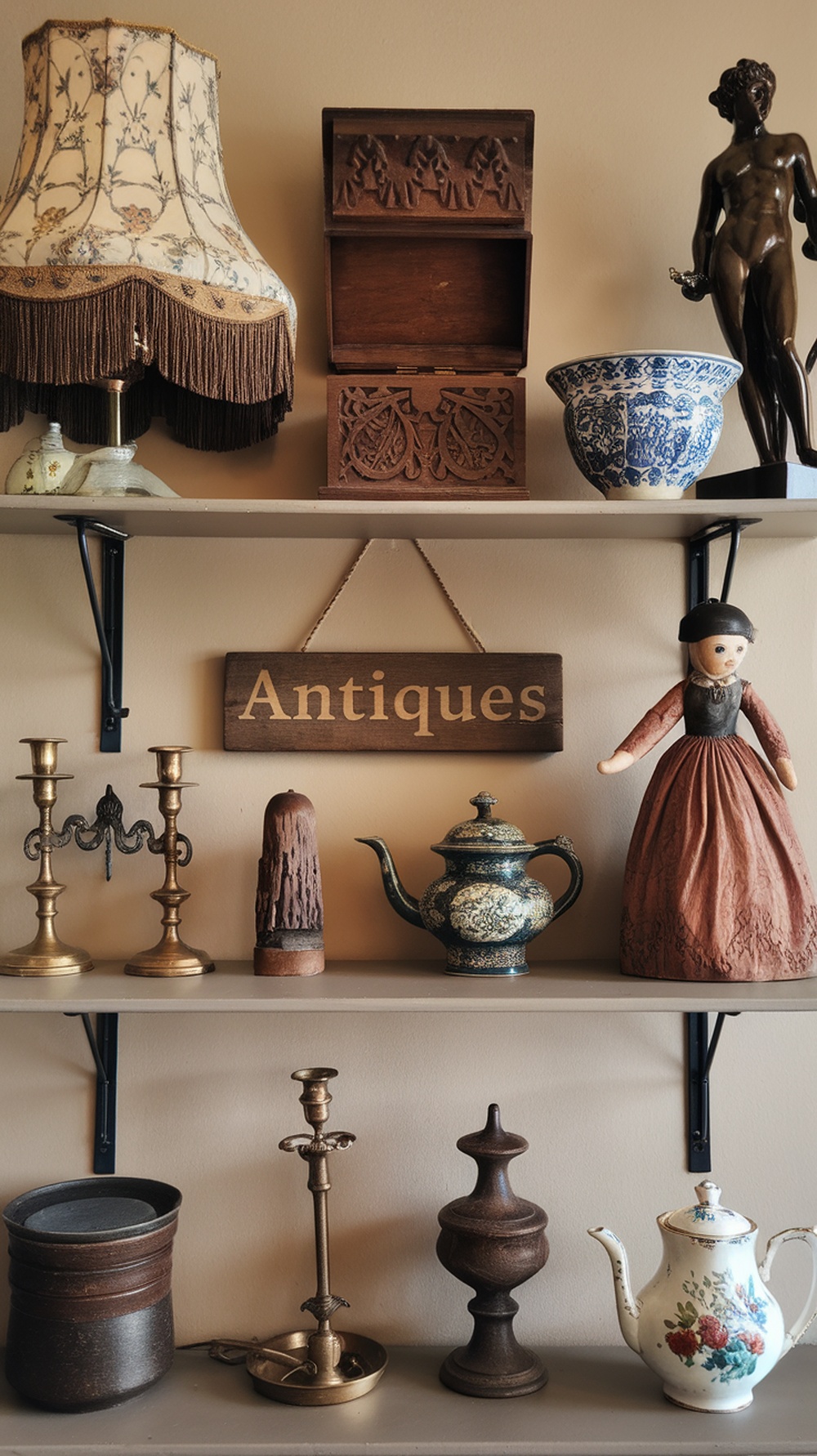 A collection of antiques displayed on shelves, including a vintage lamp, wooden box, porcelain teapot, and various decorative items.