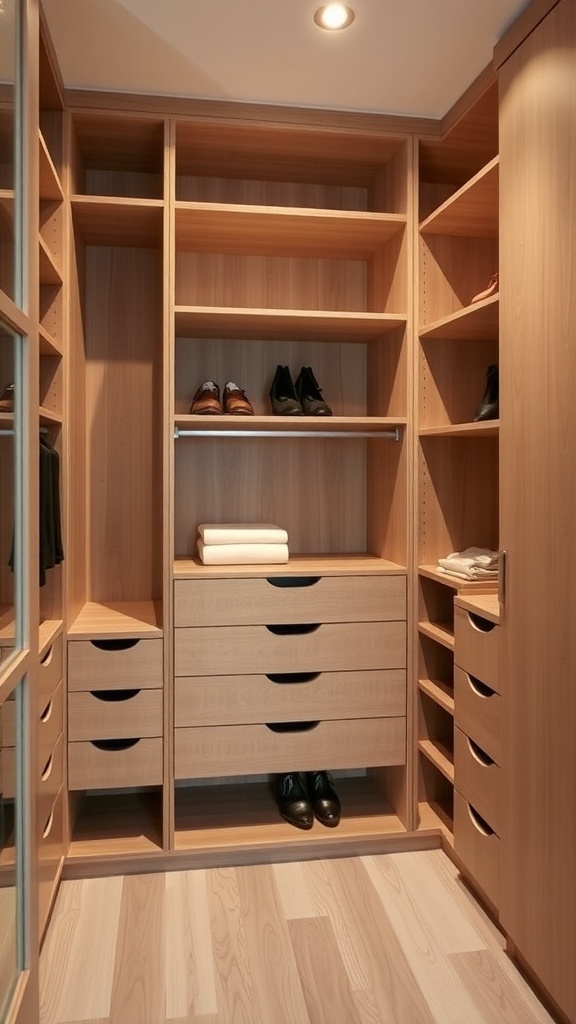 A well-organized wooden closet with shelves, drawers, and shoes.