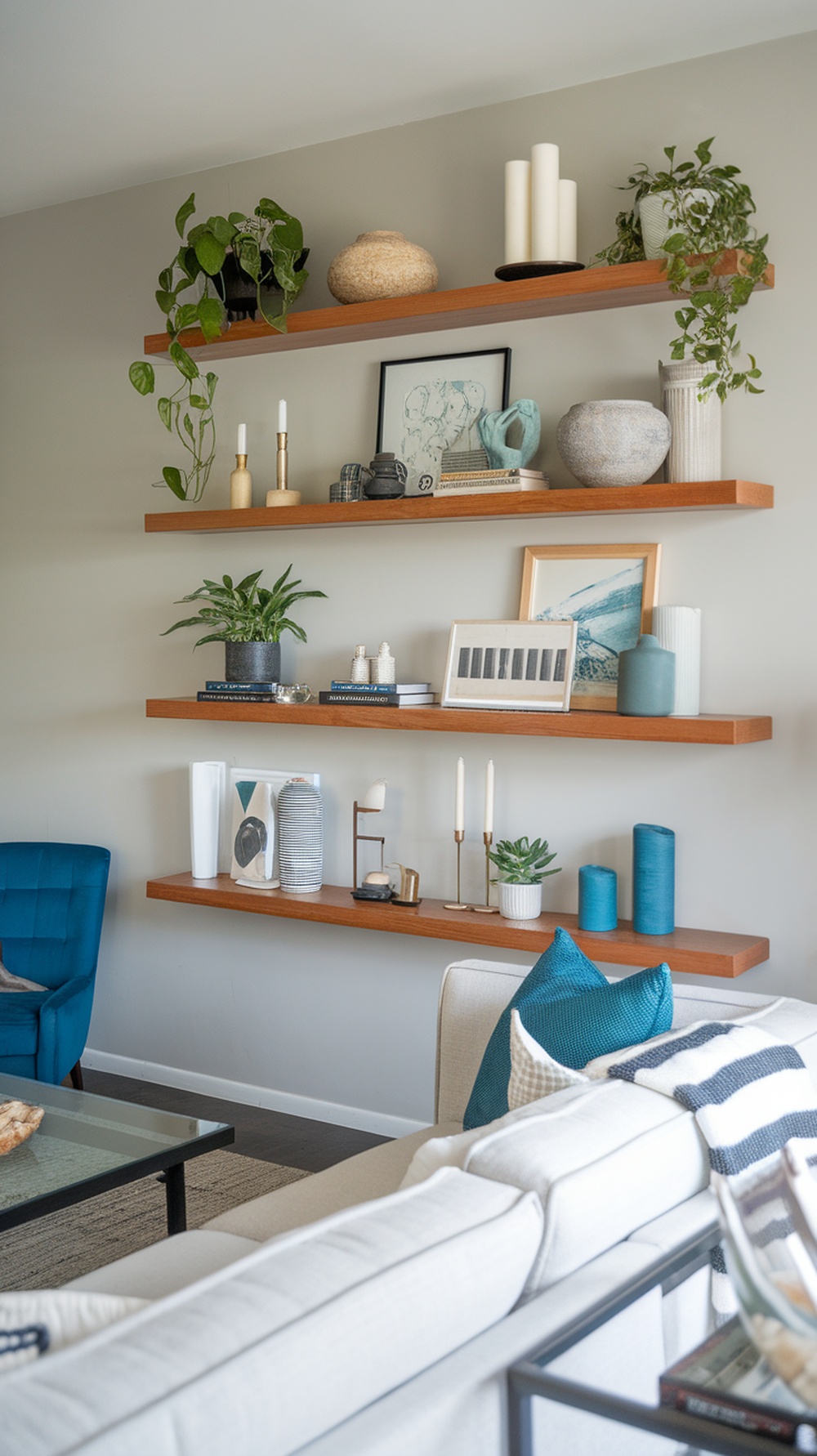Stylish floating shelves with plants and decorative items in a living room.