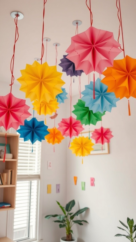Colorful paper stars hanging from the ceiling in a bright room