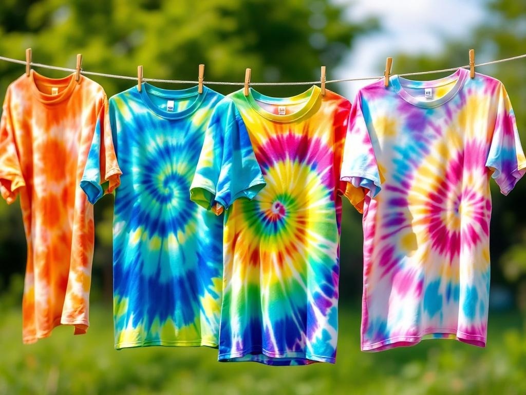 Colorful tie-dye t-shirts hanging on a clothesline.