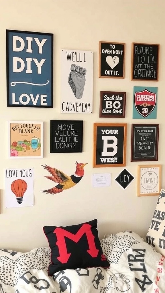A colorful wall filled with various DIY wall art pieces and a decorative pillow on a bed.