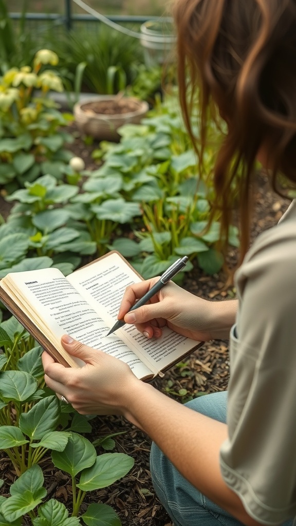 A person writing in a notebook while sitting in a garden filled with green plants.