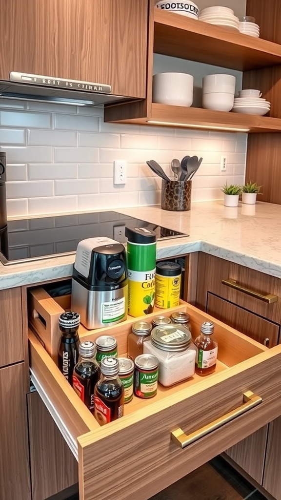 A modern kitchen drawer filled with coffee supplies, including jars of coffee, sugar, and utensils.