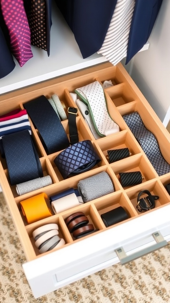 A neatly organized drawer with ties and accessories separated by dividers.