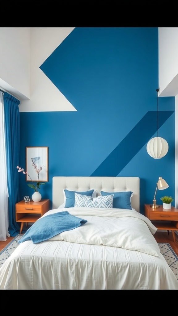 A modern bedroom featuring a bold blue wall with geometric shapes, white bedding, and blue accents.