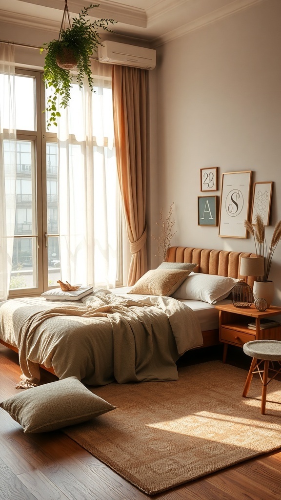 Cozy bedroom with earthy color palette, featuring soft linens, plants, and natural light.