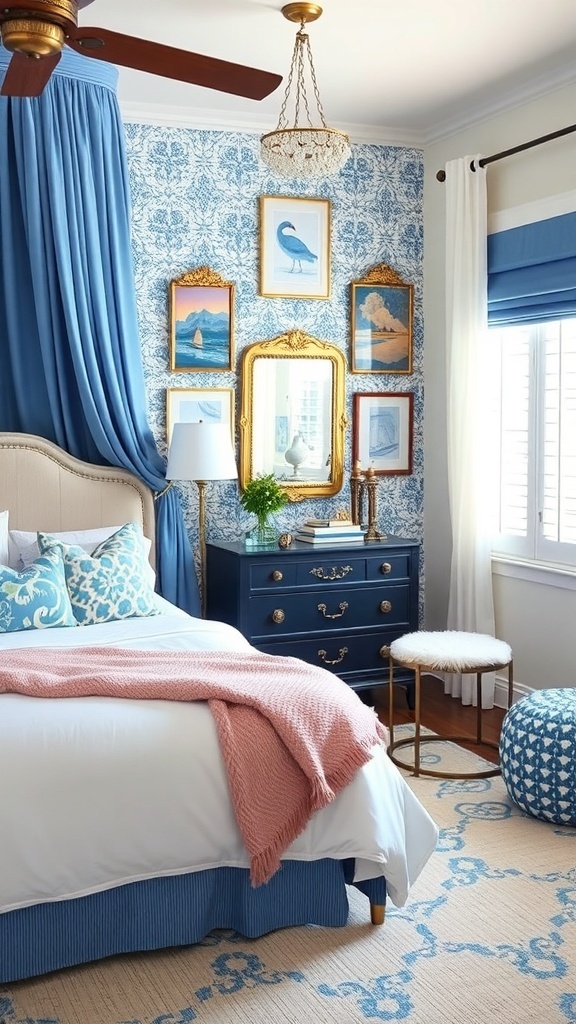 A cozy blue and white bedroom featuring soft blue walls, white bedding, and eclectic decor.