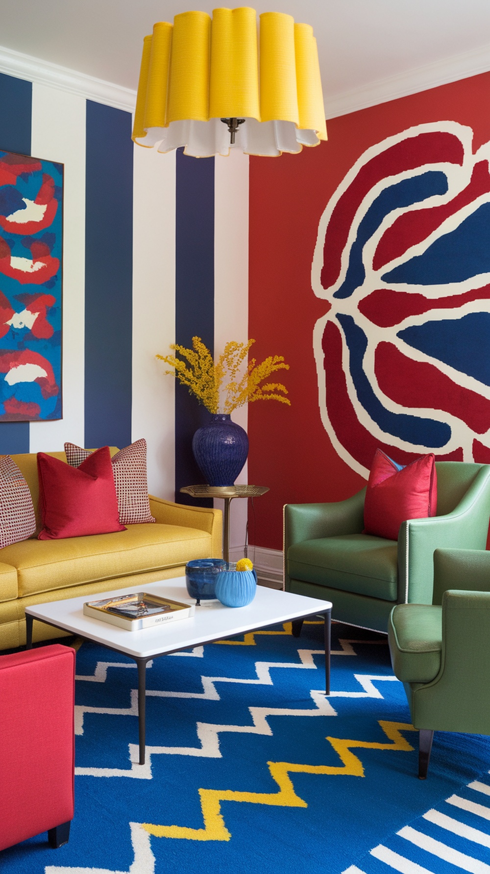 A vibrant living room with eclectic decor featuring a yellow lamp, red wall art, blue and white striped wall, and colorful furniture.
