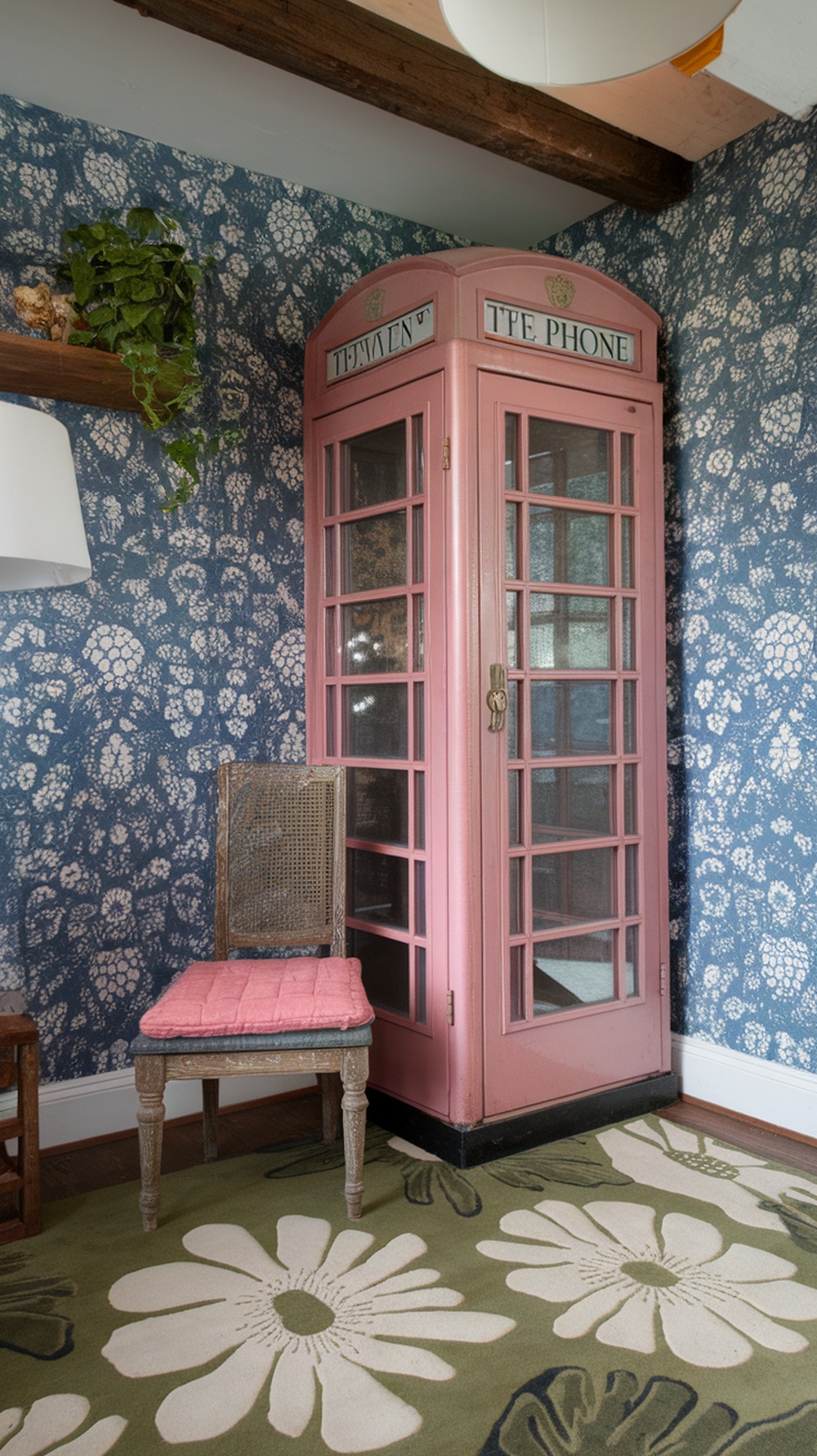A cozy room featuring a pink phone booth, floral wallpaper, a rustic chair, and a large floral rug.