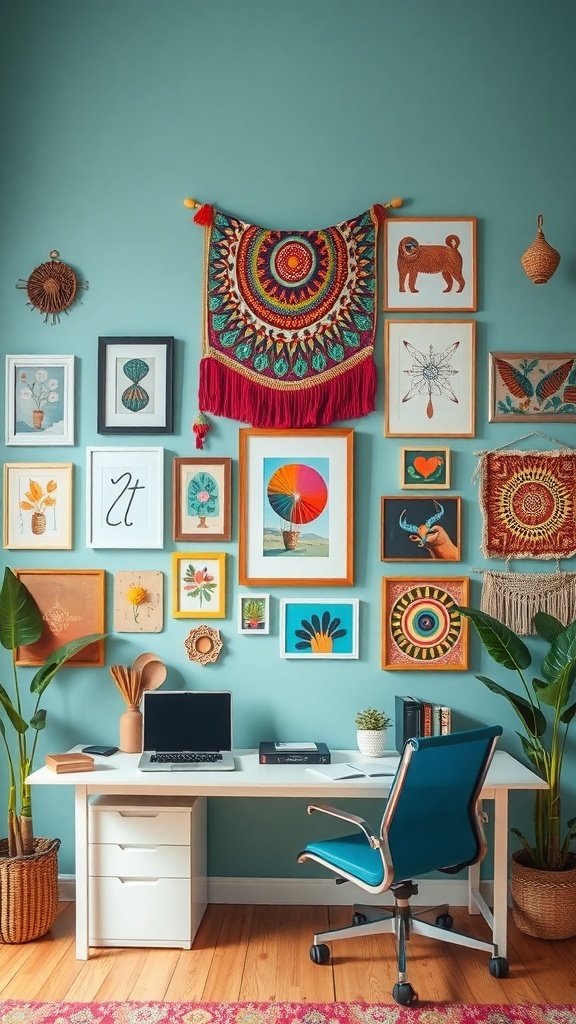 A colorful boho office wall featuring various framed artworks and a decorative textile.