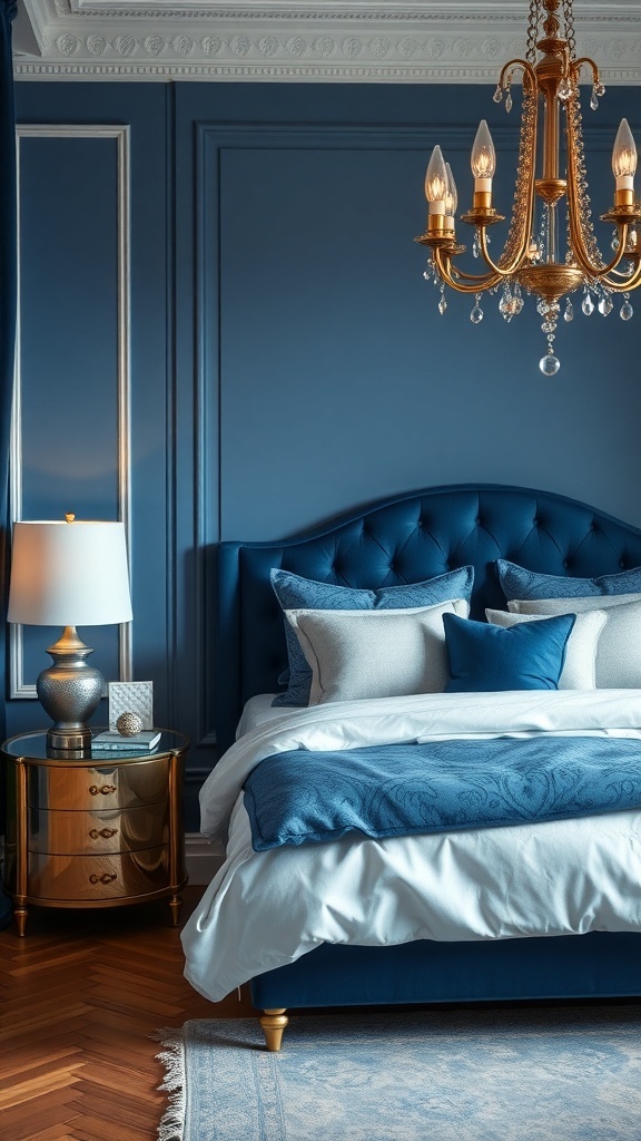 Elegant blue and white bedroom decor featuring a stylish bed, bedside table, and chandelier.