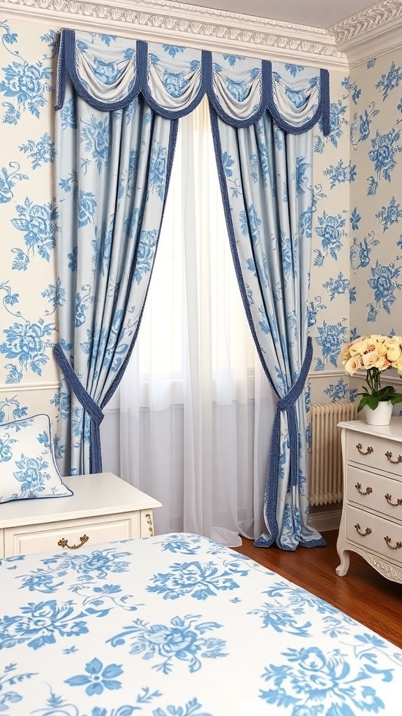 A bedroom featuring blue and white floral patterns on the walls and curtains, with matching bedding and a white nightstand.
