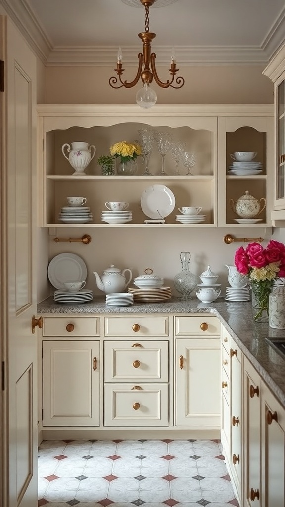 A charming butler's pantry featuring cream cabinetry, fine china, and a chandelier.