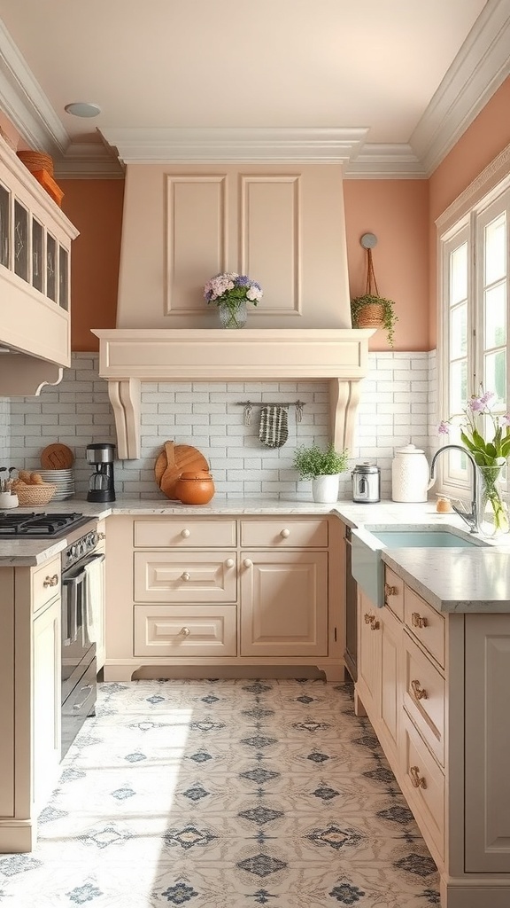 A Victorian kitchen with peach walls, creamy cabinetry, and wooden countertops, featuring natural light and decorative elements.