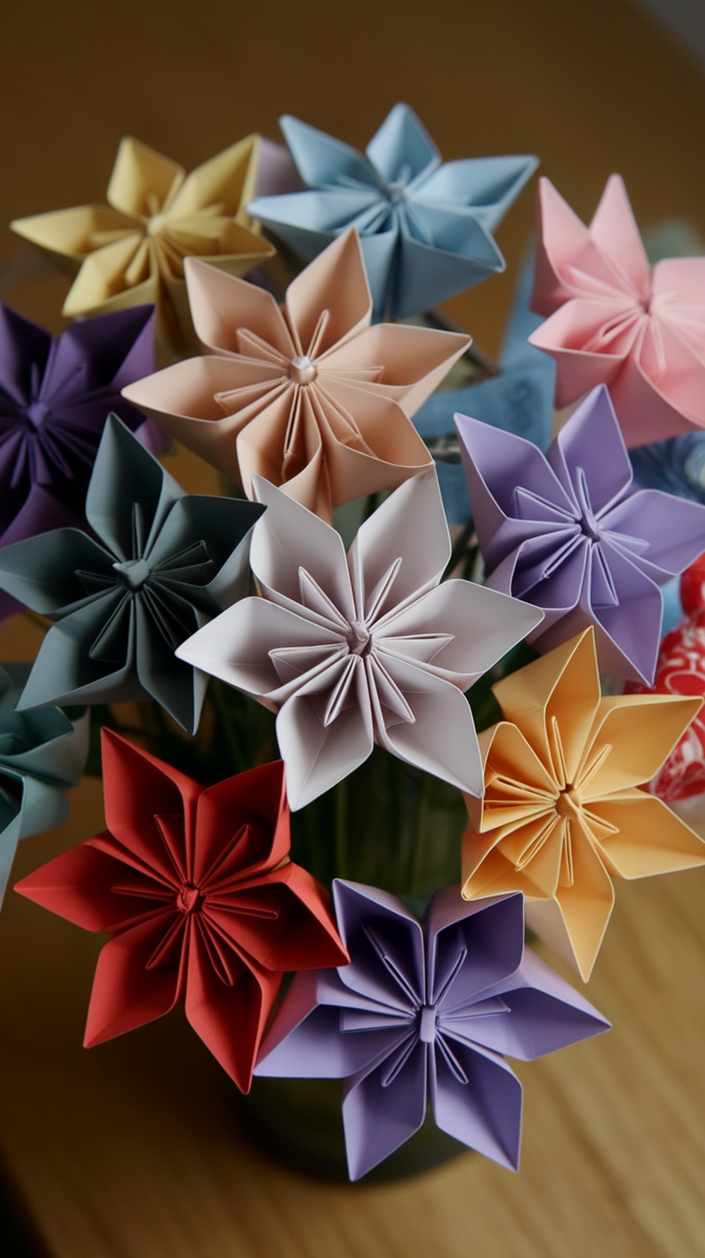 A bouquet of colorful origami flowers in various shapes and sizes.