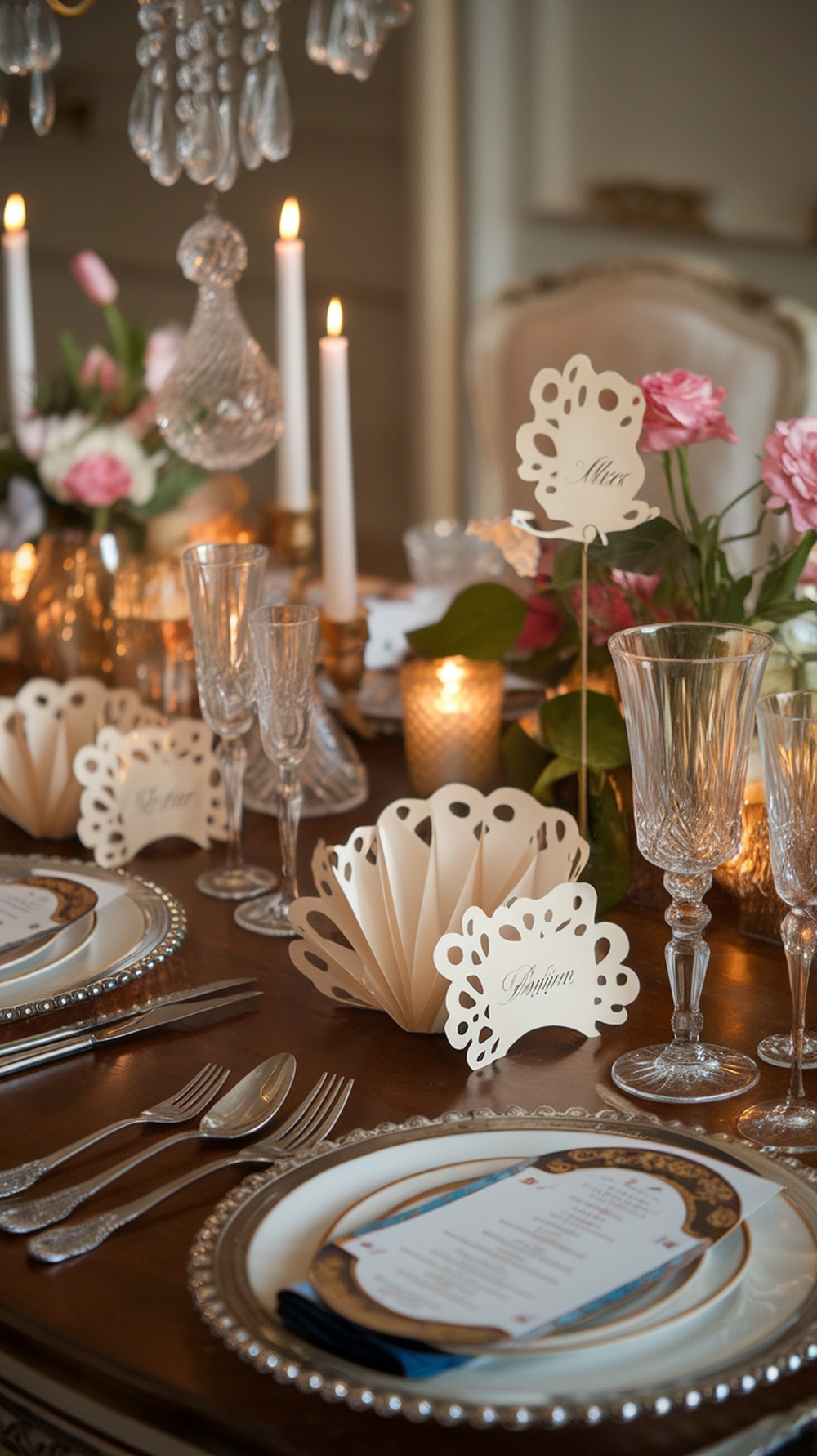 A beautifully arranged table setting featuring elegant paper decorations, candles, and flowers.