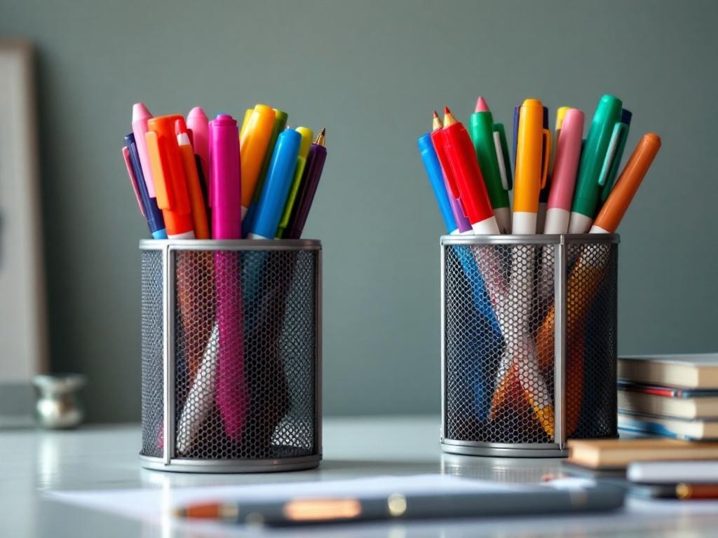Two mesh pen holders filled with colorful pens and markers on a desk.