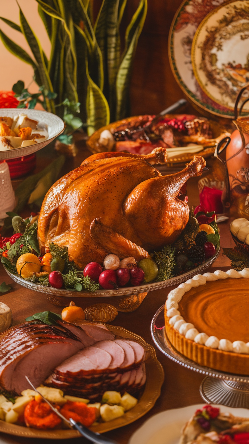 A beautifully arranged holiday table featuring a roasted turkey, sliced ham, pumpkin pie, and colorful garnishes.