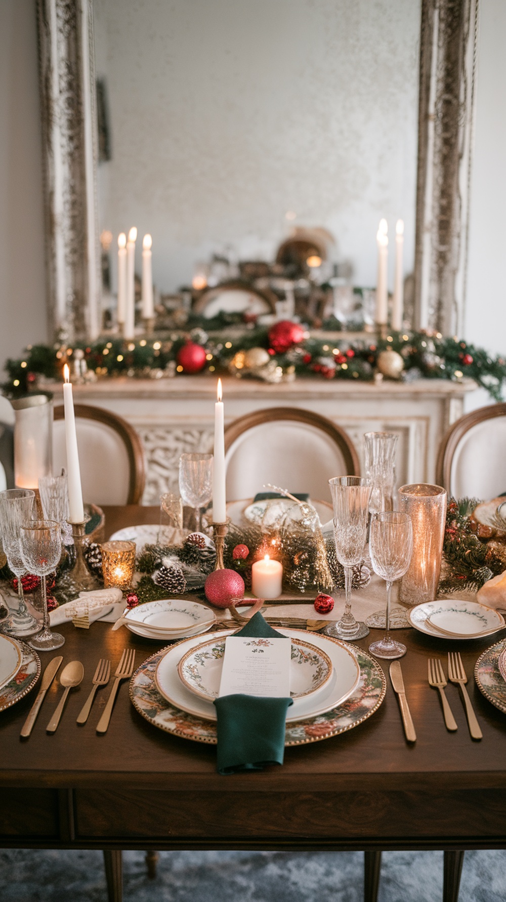 A beautifully set holiday dinner table with fine china, candles, and festive decorations.